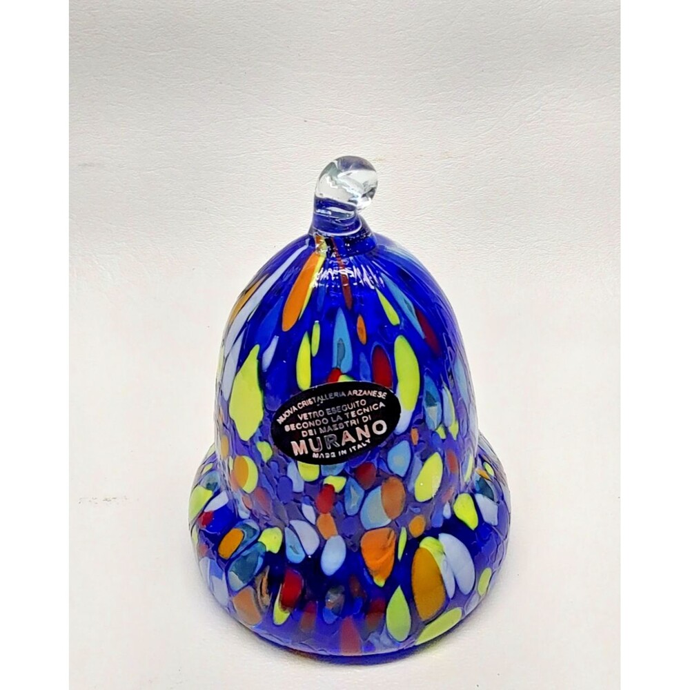 Murano Art Glass Bell Shaped Ornament Millefiori Italy Blue Label 3-3/4" Tall